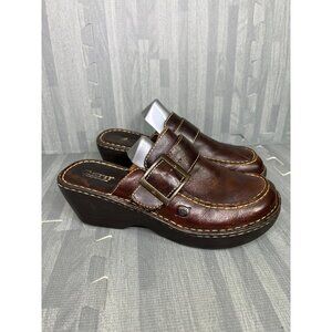 Born Clog Size 9 Women's Brown Leather Mules Wedge Slip On Buckle